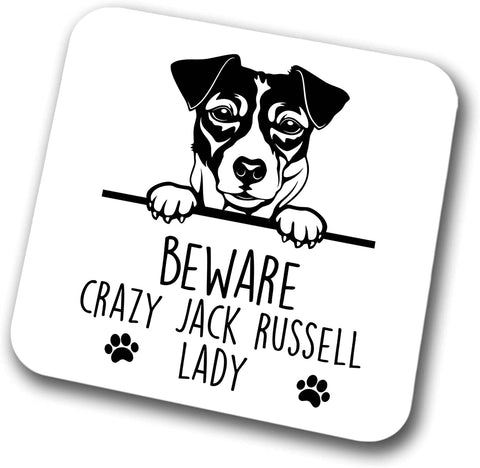 Jack Russell Beware Crazy Jack Russell Lady Coaster Pet Present Jack Russell Dog Mum Dad Friend Joke Funny Gift  Birthday Christmas, Hardboard Coaster