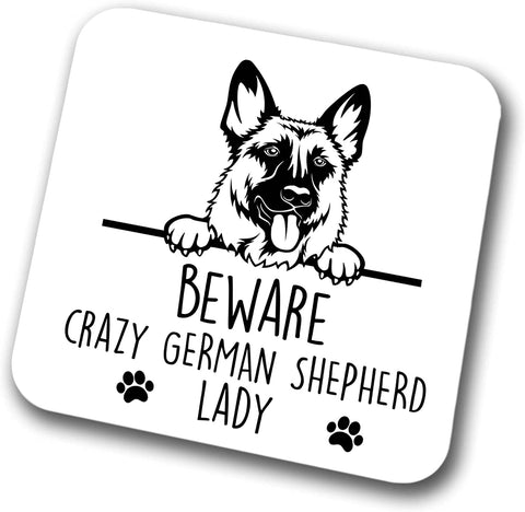 German Shepherd Beware Crazy Alsatian Lady Coaster Pet Present Alsatian Dog Mum Dad Friend Joke Funny Gift  Birthday Christmas, Hardboard Coaster